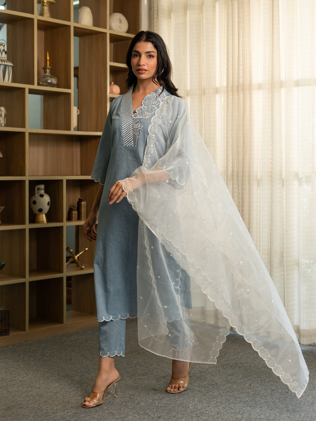 Chambray Embroidered Kurta Set with Dupatta and Pants