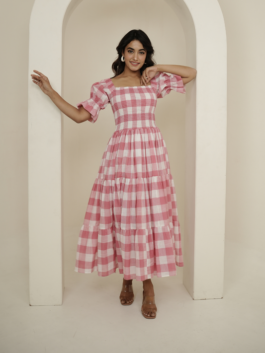 Pink Check Block Printed Dress