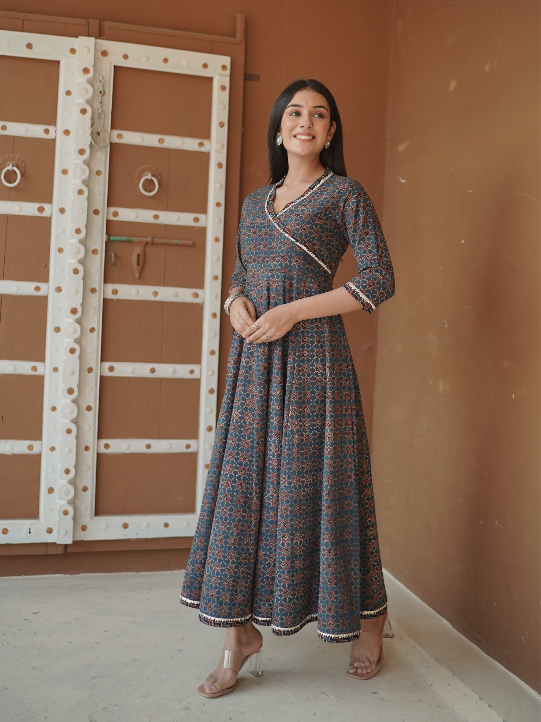 Indigo Ajrakh printed Anarkali Kurta