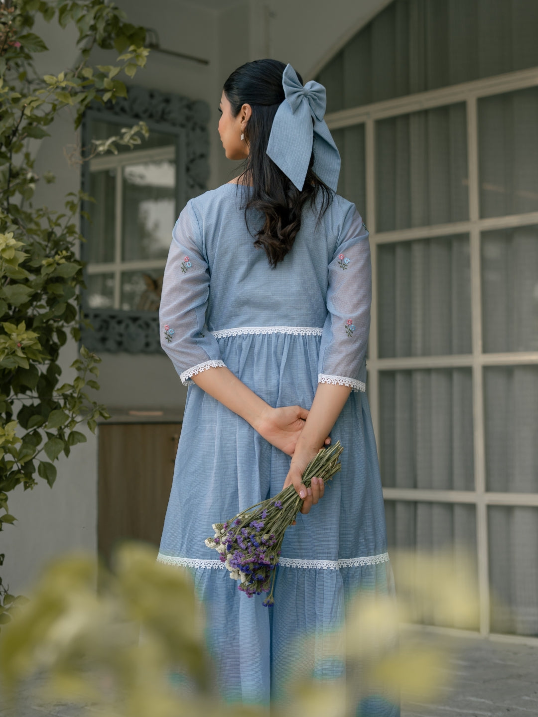 Blue Breeze Dress in Kota Doriya Fabric with Embroidery