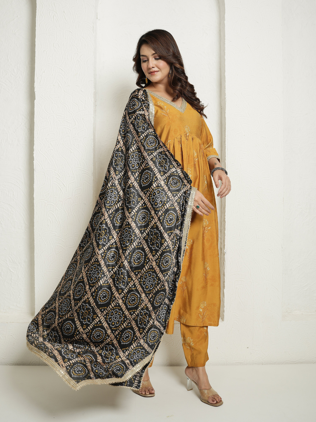 Muslin Yellow Anarkali  Kurta with Black Banhdej Dupatta