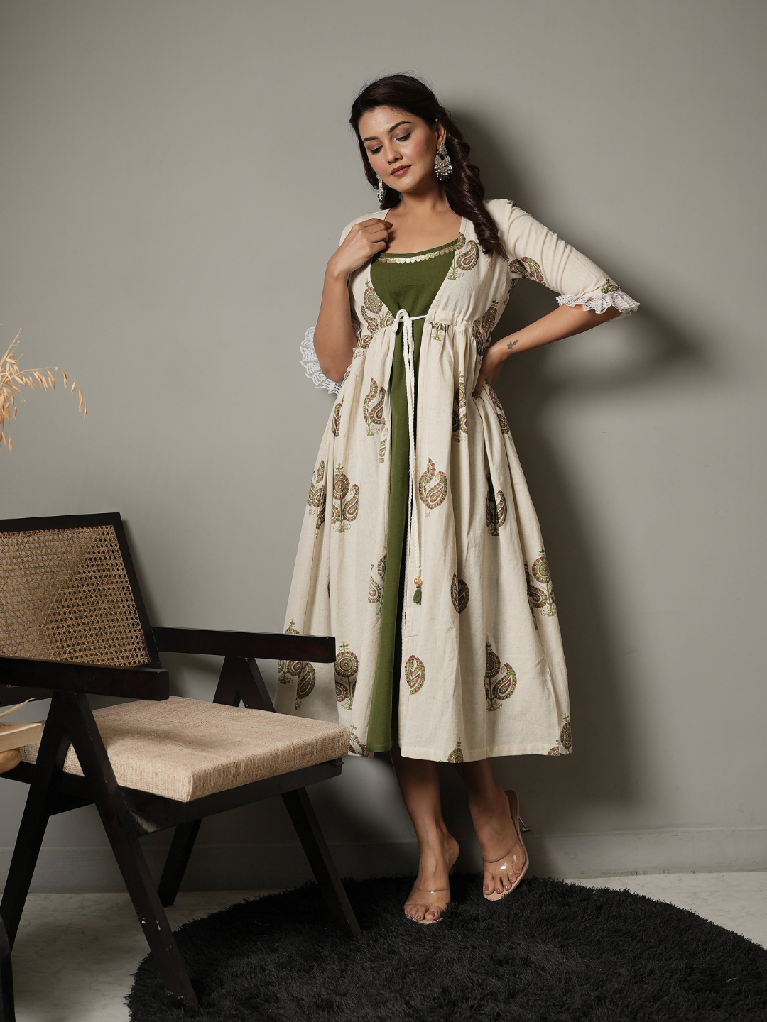 Green Inner with Block Print Cotton Shrug Dress