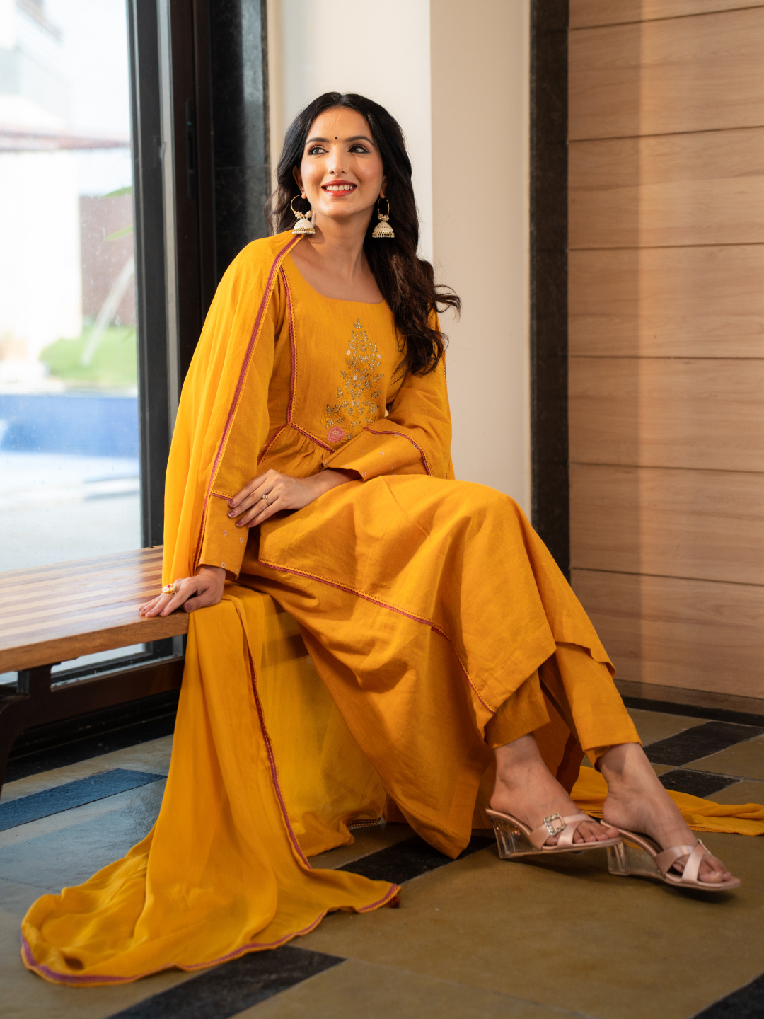 Yellow Cotton Embroidered Anarkali Kurta Set With Dupatta And Pants