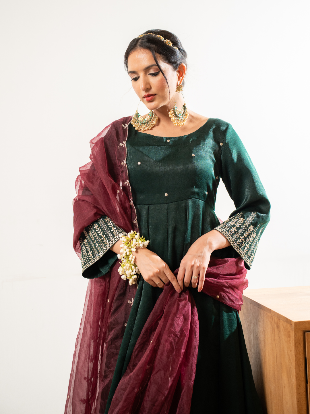 Velvet Satin Green Anarkali With Dupatta And Pants