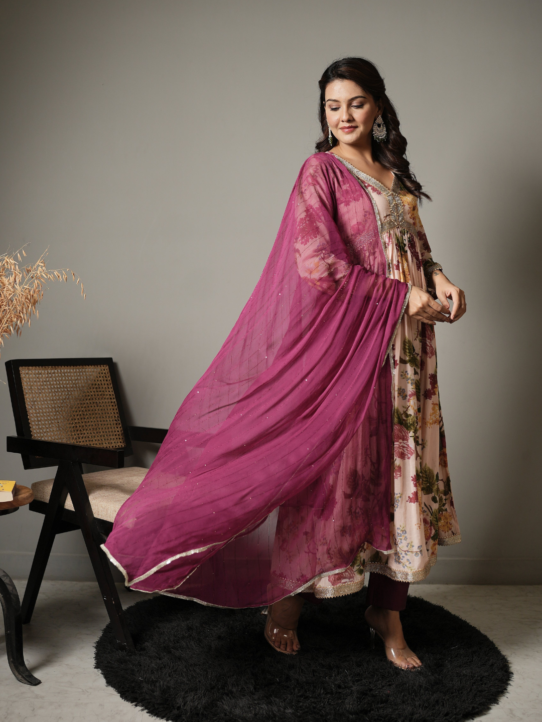 Floral Anarkali Kurta With Pants and Dupatta
