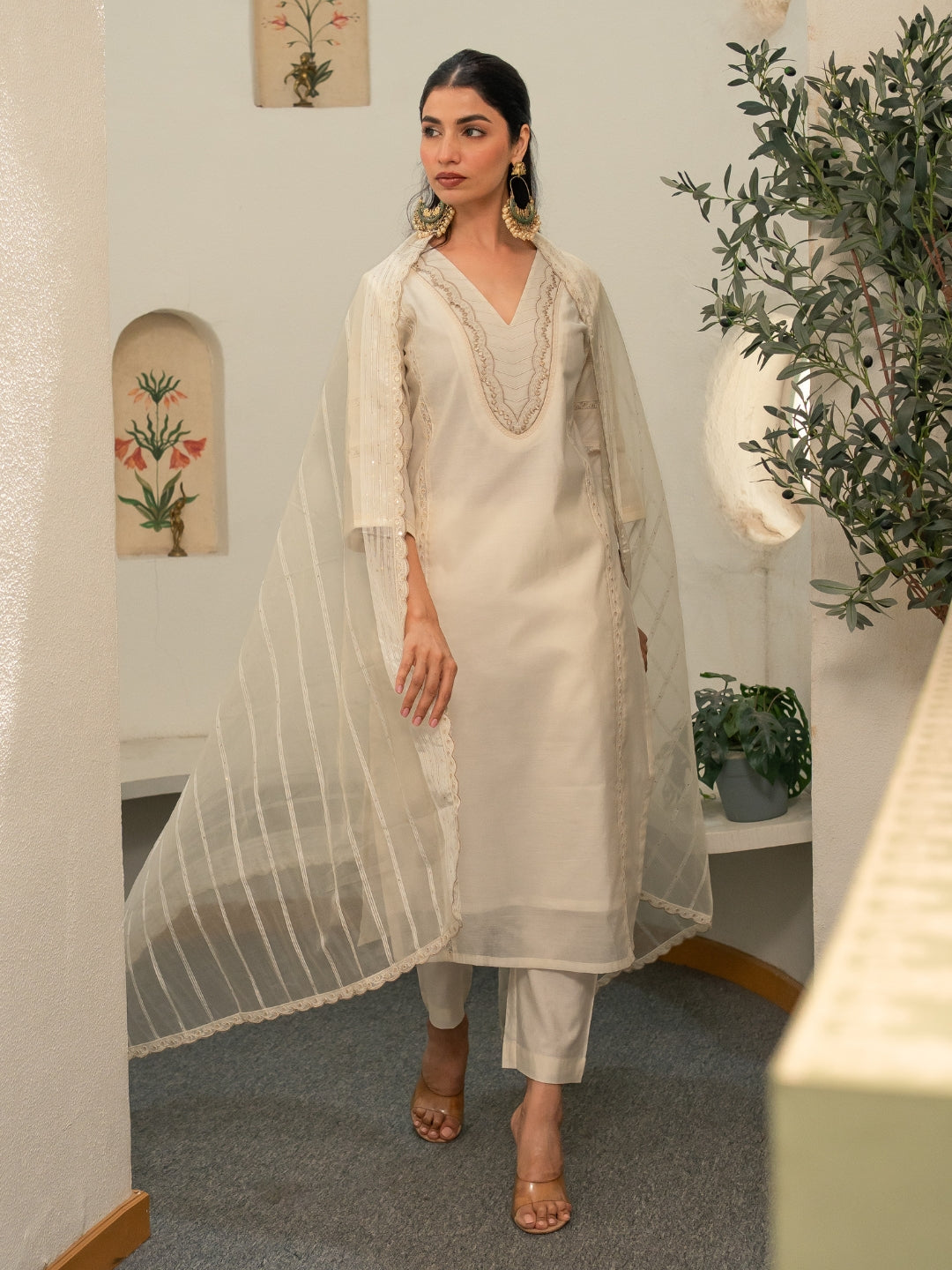 Chanderi Embroidery Pintucks Kurta with Dupatta and Pants
