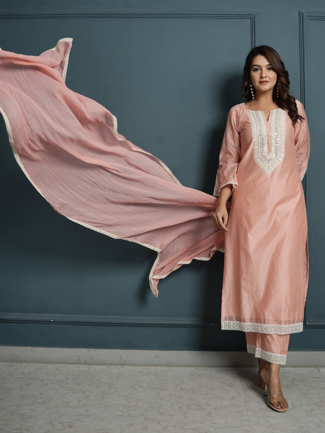 Pastel Pink Chanderi Kurta with Pants and Dupatta