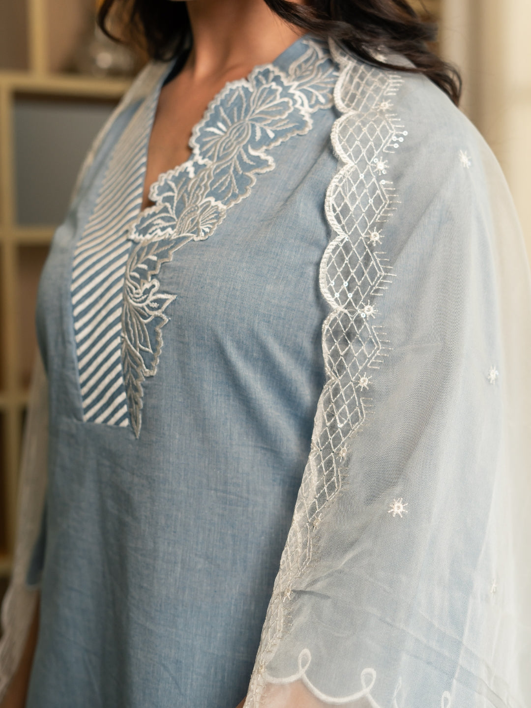 Chambray Embroidered Kurta Set with Dupatta and Pants