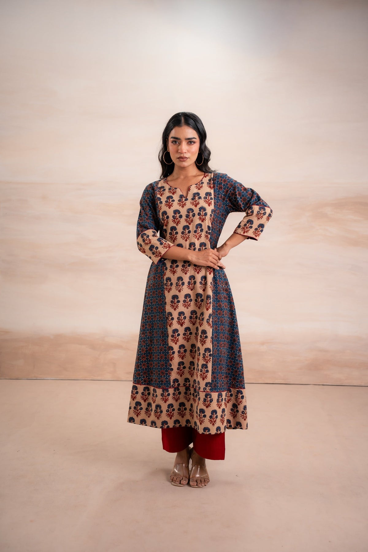 AJRAK BLUE N RED COTTON KURTA SET