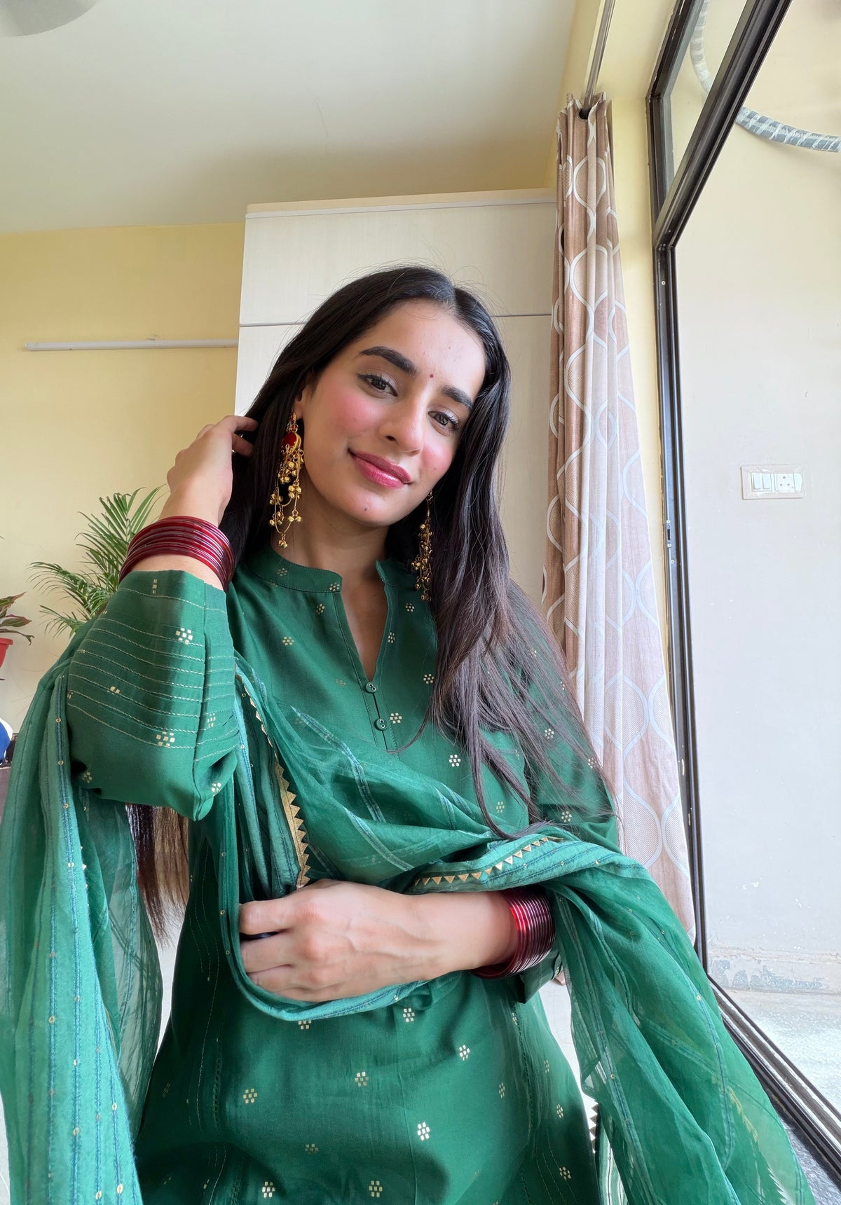 Green Silk Self-Woven Kurta