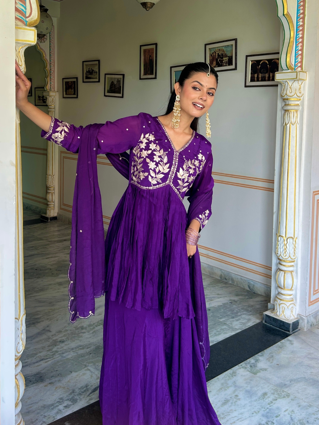 Purple Pitta Work Chiffon Kurta Set