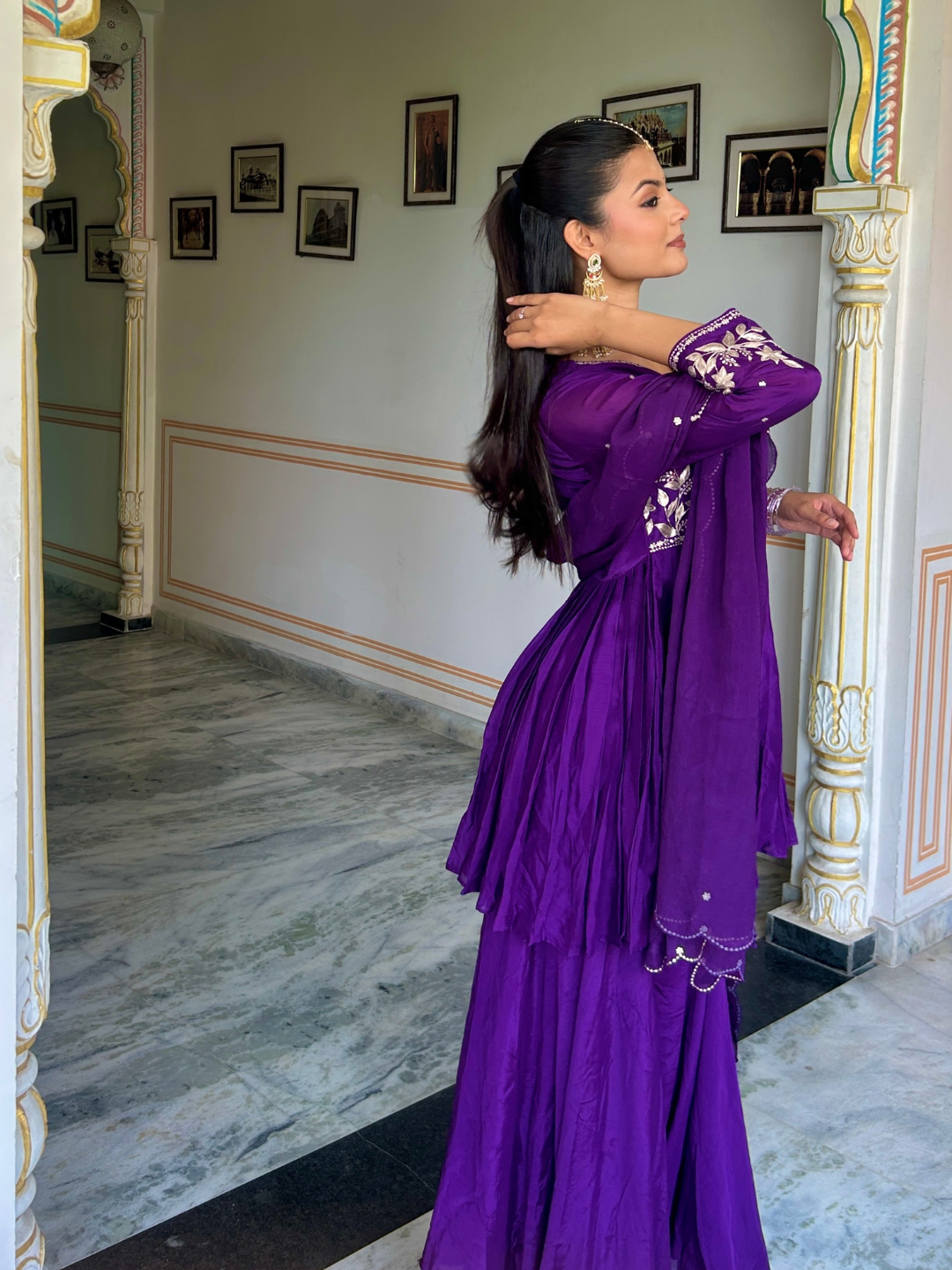 Purple Pitta Work Chiffon Kurta Set