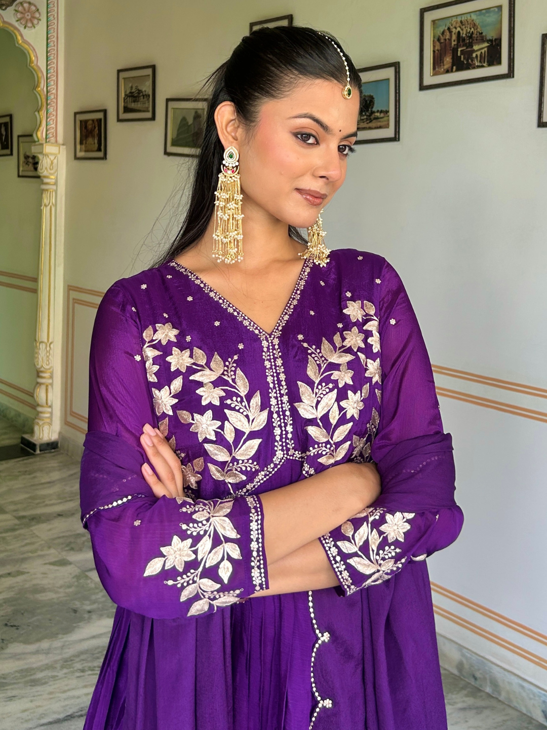 Purple Pitta Work Chiffon Kurta Set